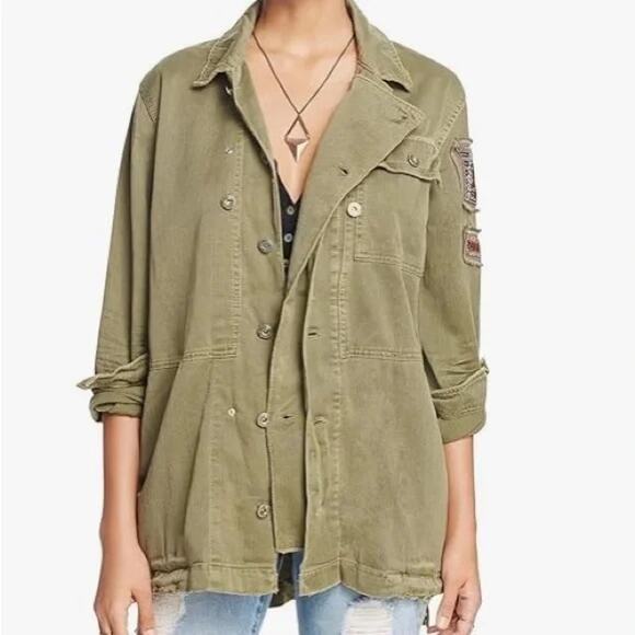 Free People Embellished Military Jacket Green Army Fatigue Beaded Shirt Size S - Picture 3 of 8